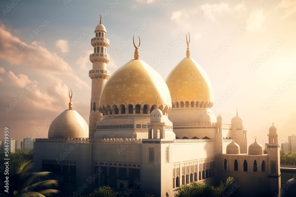 Beautiful muslim Islamic mosque in clear day, traditional, cultural and religious, photo wallpaper, ramadan concept, generative ai