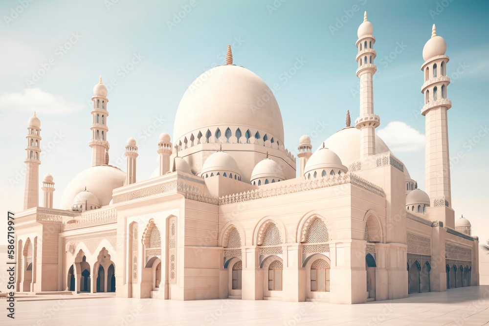 Fototapeta premium Beautiful muslim Islamic mosque in clear day, traditional, cultural and religious, photo wallpaper, ramadan concept, generative ai