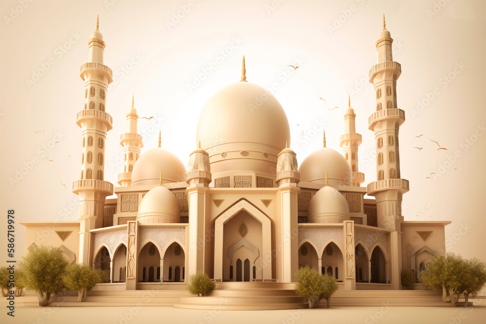 Fototapeta premium Beautiful muslim Islamic mosque in clear day, traditional, cultural and religious, photo wallpaper, ramadan concept, generative ai