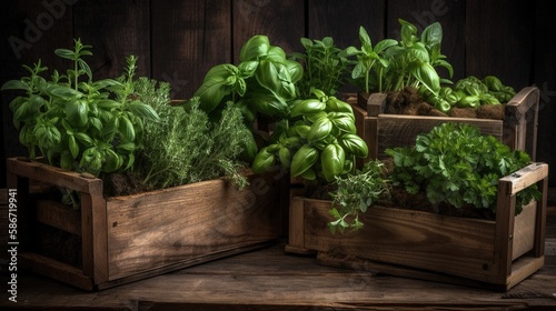 Vegetable plants inside wooden boxes on a wooden table Generative AI