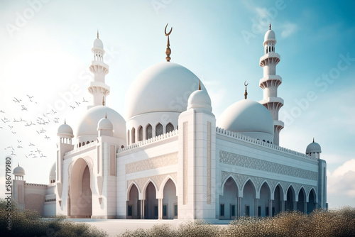 Beautiful muslim Islamic mosque in clear day, traditional, cultural and religious, photo wallpaper, ramadan concept, generative ai