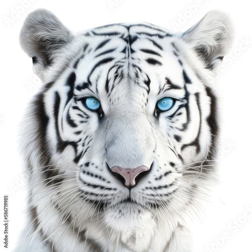 an isolated white tiger FACE, FRONT-view portrait, jungle-themed photorealistic illustration on a transparent background cutout in PNG, GENERATIVE AI © Purple Penguin GFX