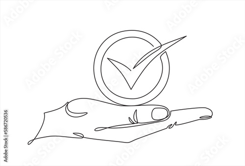 Continuous line drawing of hand holding check mark. Tick one line icon. 