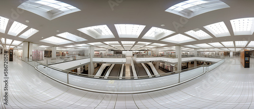 360 equirectangular panorama of a bright retro shopping mall concourse with skylights and a balcony railing