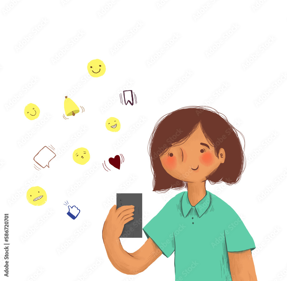 Ilustracion de una mujer revisando su teléfono Ilustracion de una mujer revisando su teléfono