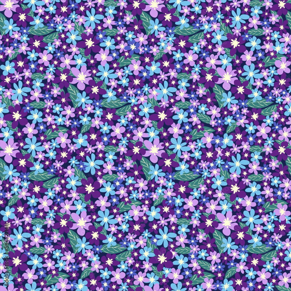 Fantasy seamless floral pattern with blue, azure, tsman, lavender flowers and leaves. Elegant template for fashion