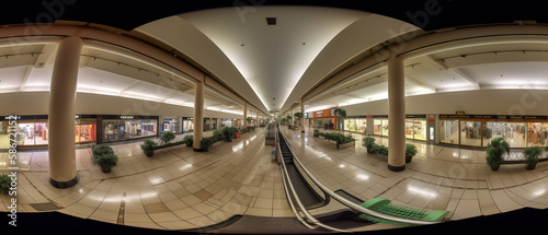 360 equirectangular panorama of a retro shopping mall hall with brown columns and polished floor
