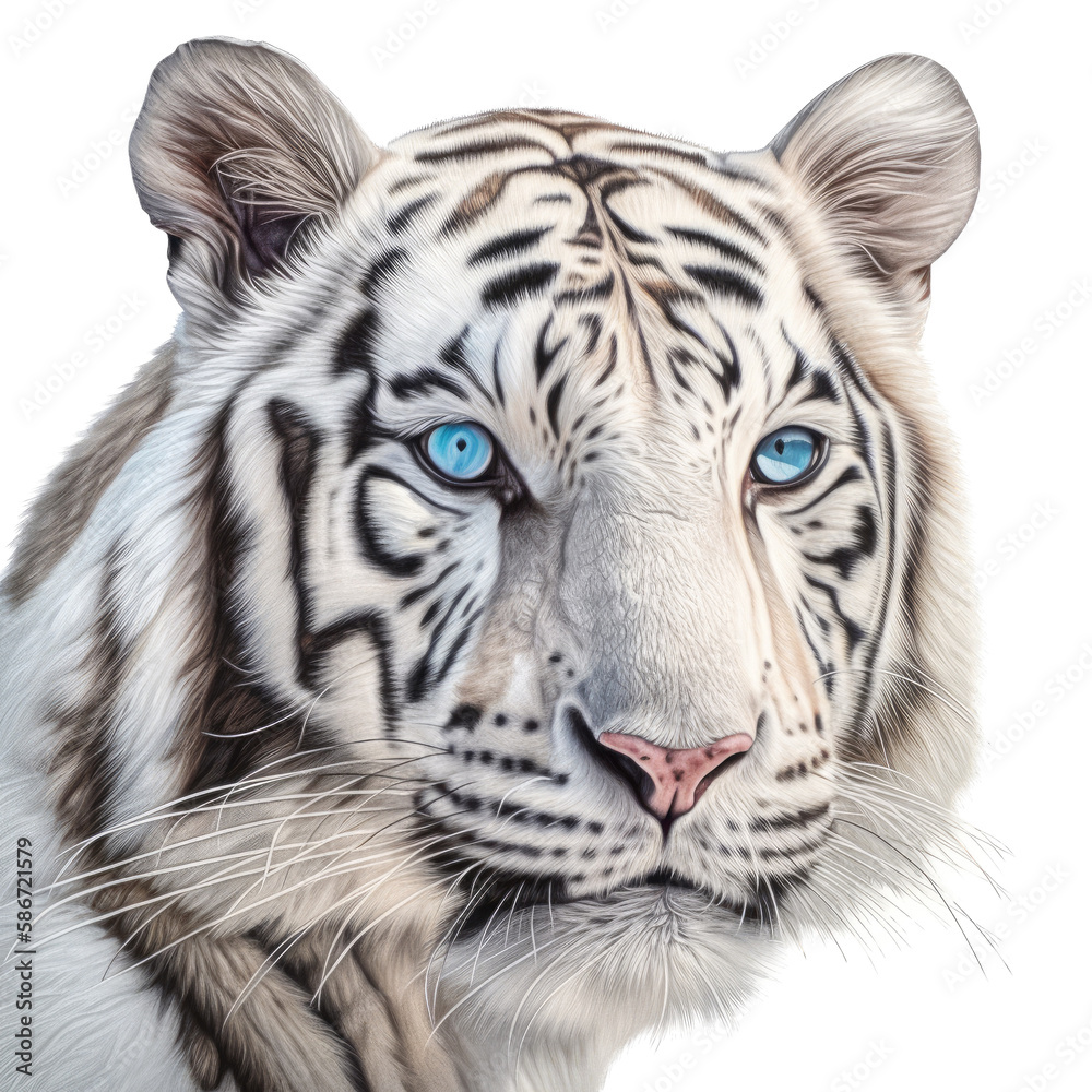 Fototapeta premium an isolated white tiger FACE, FRONT-view portrait, jungle-themed photorealistic illustration on a transparent background cutout in PNG, GENERATIVE AI