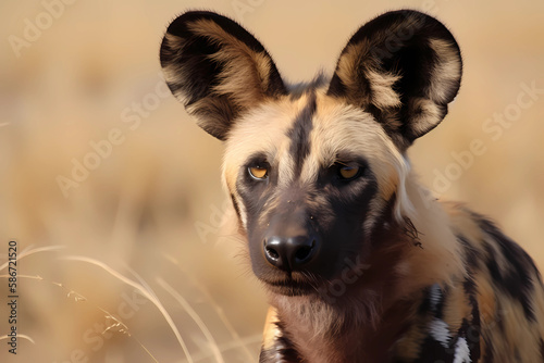 African Wild Dog - Sub-Saharan Africa - A social carnivore known for its distinctive coat pattern and efficient hunting behavior. They are endangered due to habitat loss and hunting (Generative AI)