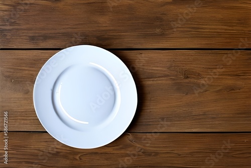 Empty plate on a wooden table, top view. AI illustration.