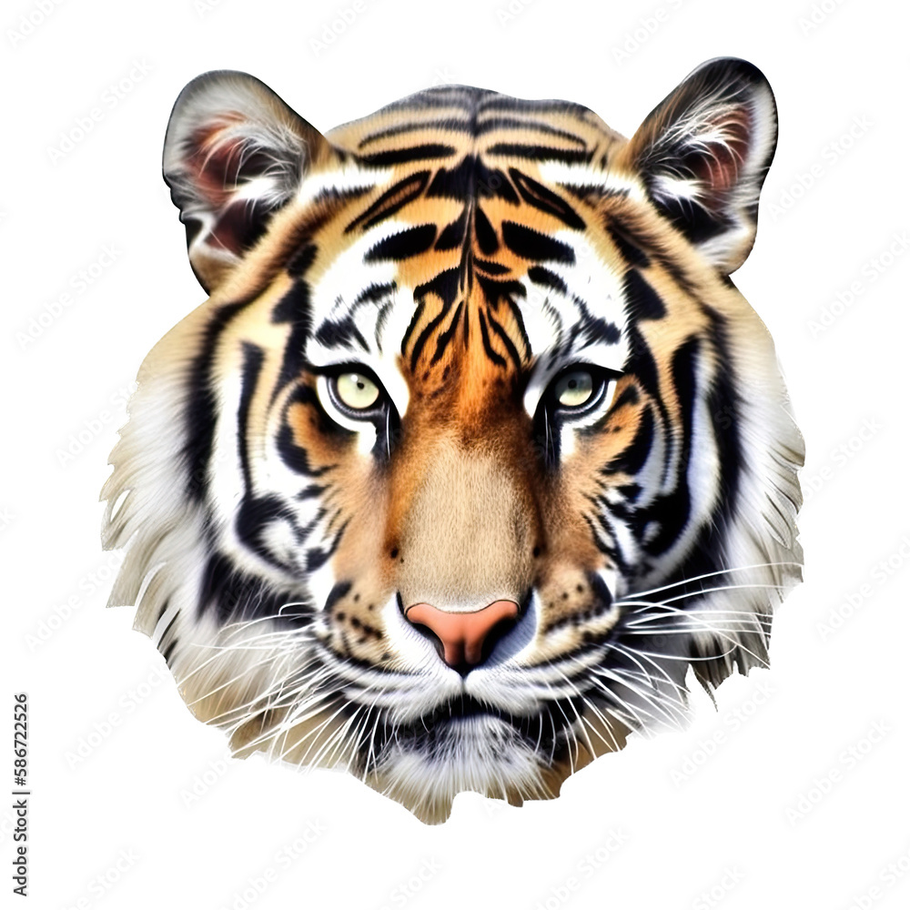 an isolated Bengal tiger side view portrait, majestic face, stalking prey, fierce jungle-themed watercolor painting illustration on a transparent background in PNG. Generative AI