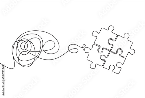  folded puzzle and confused thinking brain, continuous line. Disorder, chaos, confusion and order, mental balance, calm in thoughts. Logic and creative thinking