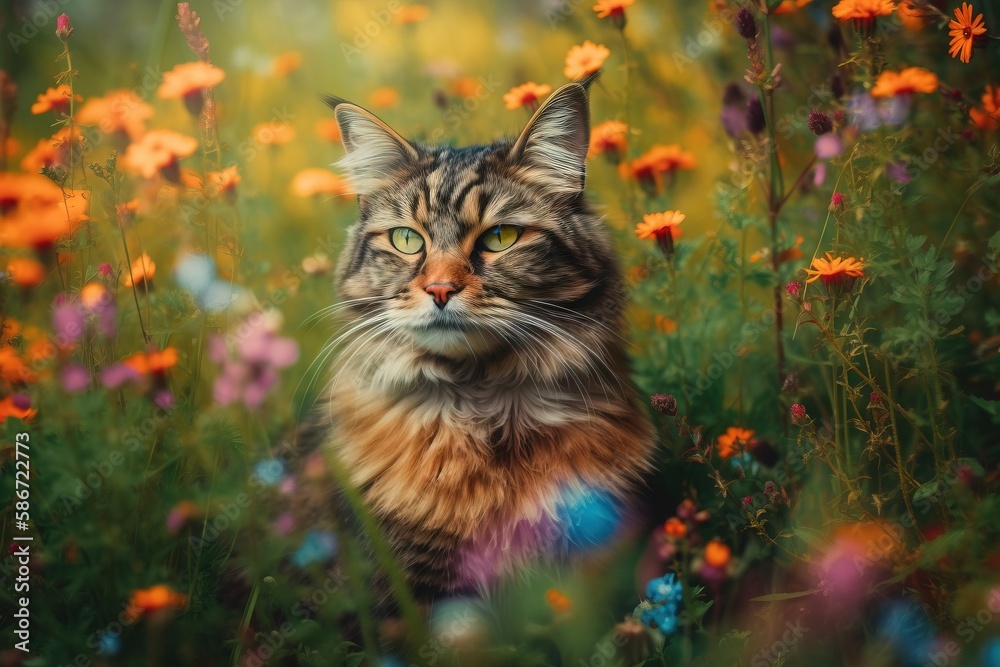  a cat sitting in a field of flowers looking at the camera with a surprised look on its face and a blurry lens on its face.  generative ai