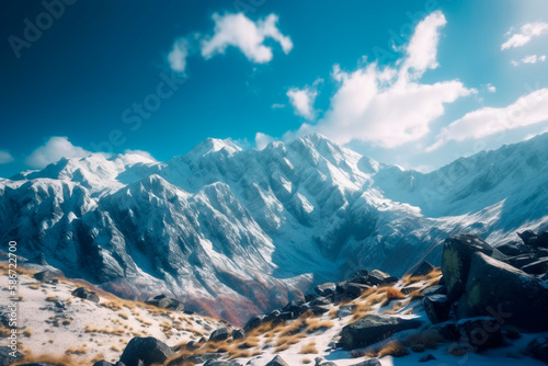 Snowy mountains landscape, snow on mount peaks, blue sky, generative ai