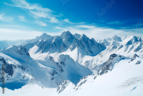 Snowy mountains landscape, snow on mount peaks, blue sky, generative ai © israel