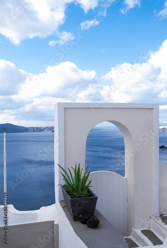 Wonderful views  traditional greek famous white architecture  on Oia  Santorini island  Greece. Volcano caldera with sea landscape. 