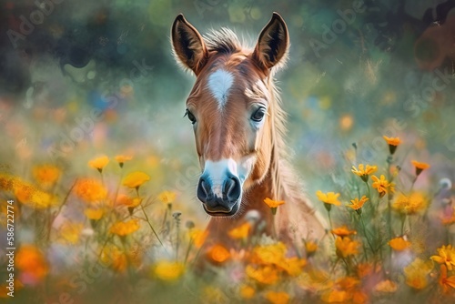  a brown horse standing in a field of yellow and orange flowers with a blurry background of grass and flowers behind it is a brown horse with a white nose. generative ai