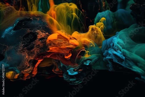  a colorful substance of smoke on a black background with a black background and a black background with orange, yellow, and blue smokes. generative ai