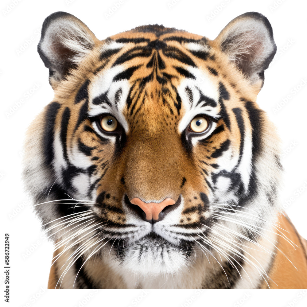 Fototapeta premium an isolated Bengal tiger portrait, face, stalking prey, fierce jungle-themed photorealistic illustration on a transparent background in PNG. Generative AI