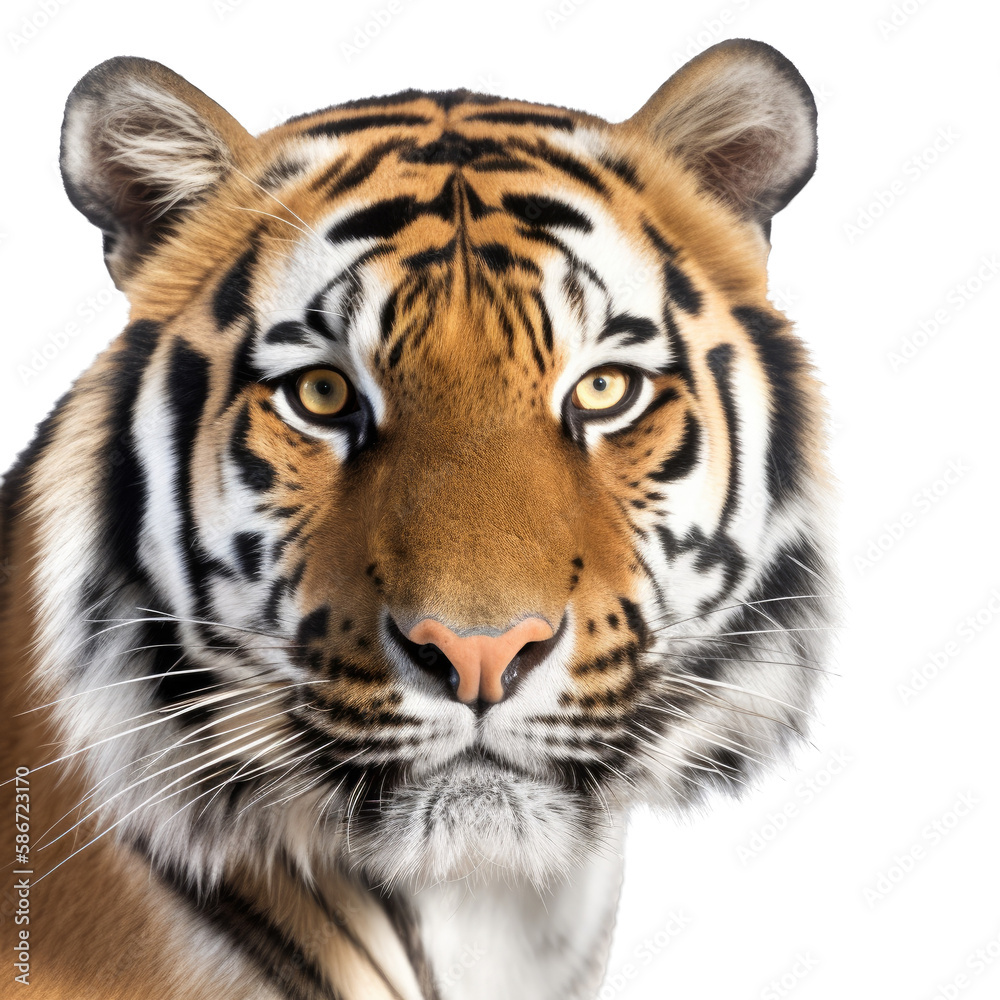 Fototapeta premium an isolated Bengal tiger portrait, face, stalking prey, fierce jungle-themed photorealistic illustration on a transparent background in PNG. Generative AI