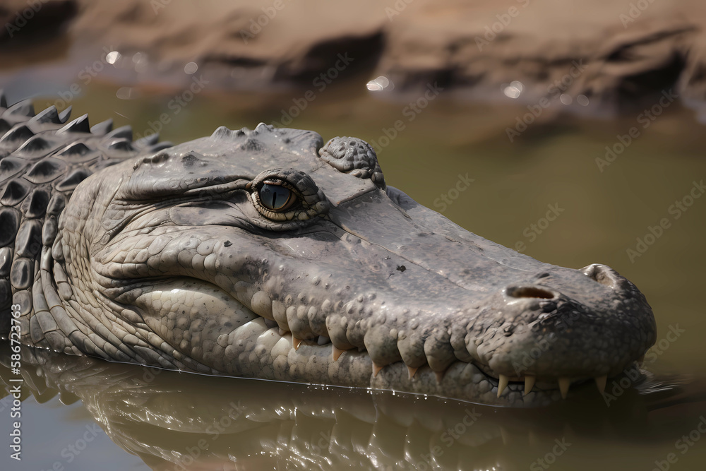 Fototapeta premium Gharial - India and Nepal - A large crocodilian with a distinctive long, narrow snout used for catching fish. They are endangered due to habitat loss and hunting (Generative AI)