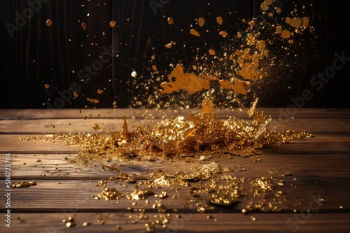  a wooden table topped with lots of gold flakes and confetti falling off of it's sides to the side of the table. generative ai
