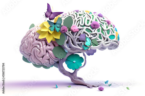 Human brain tree with flowers and butterflies  eco-friendly  positive thinking  creative mind  generative AI