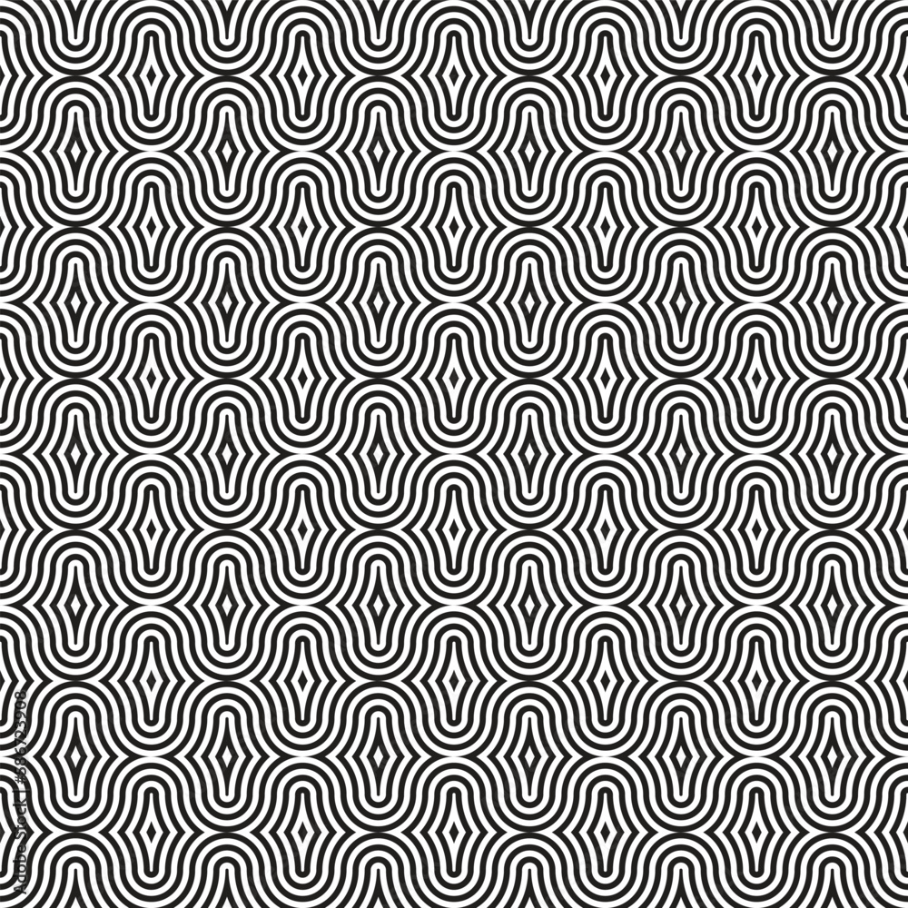 Black and White Concentric Ogees Seamless Vector Repeat Pattern