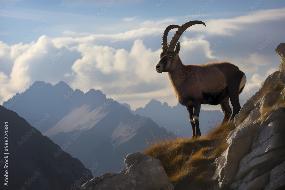 Ibex - Europe, Asia, and Africa - A group of wild goat species known for their impressive horns and agility on rocky terrain (Generative AI)