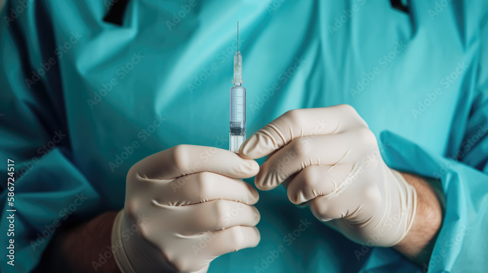 Closeup Close-upPhoto of a Doctor, Nurse, Surgeon, or Dentist in Scrubs Wearing Gloves and Holding a Syringe Needle. Covid-19 Vaccination Flu Shot Local Anesthetic Concept. - obrazy, fototapety, plakaty 
