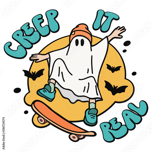 Ghost on skateboard Creep it real Happy Halloween shirt print template, Pumpkin Fall  Halloween Costume shirt design