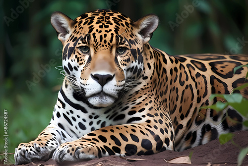 Jaguar - South and Central America - The largest cat species in the Americas, known for their powerful jaws and distinctive spotted coat. They are threatened by habitat loss (Generative AI) © Russell