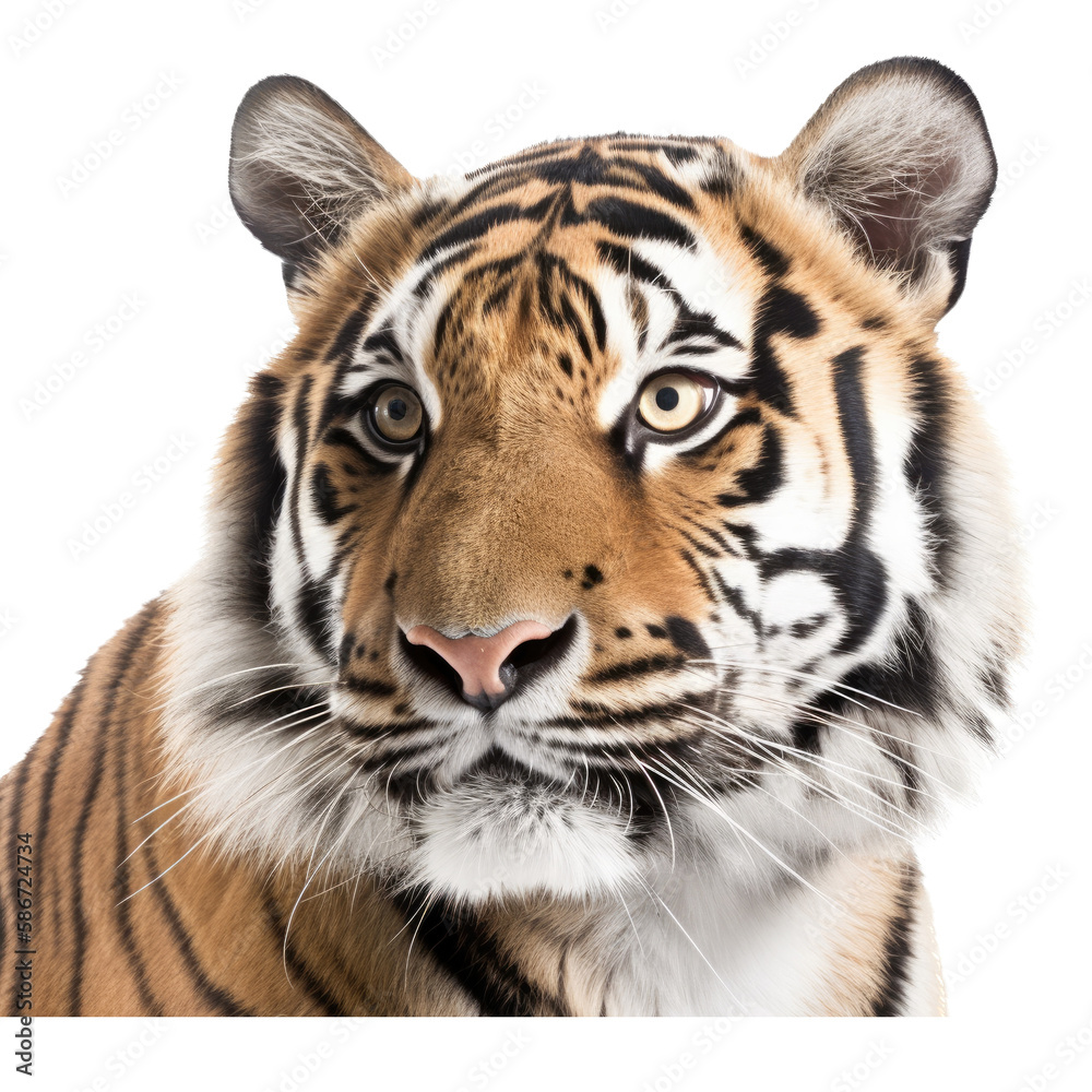 Fototapeta premium an isolated Bengal tiger front and side view, portrait, Full Face, a fierce jungle-themed photographic illustration on a transparent background in PNG. Generative ai