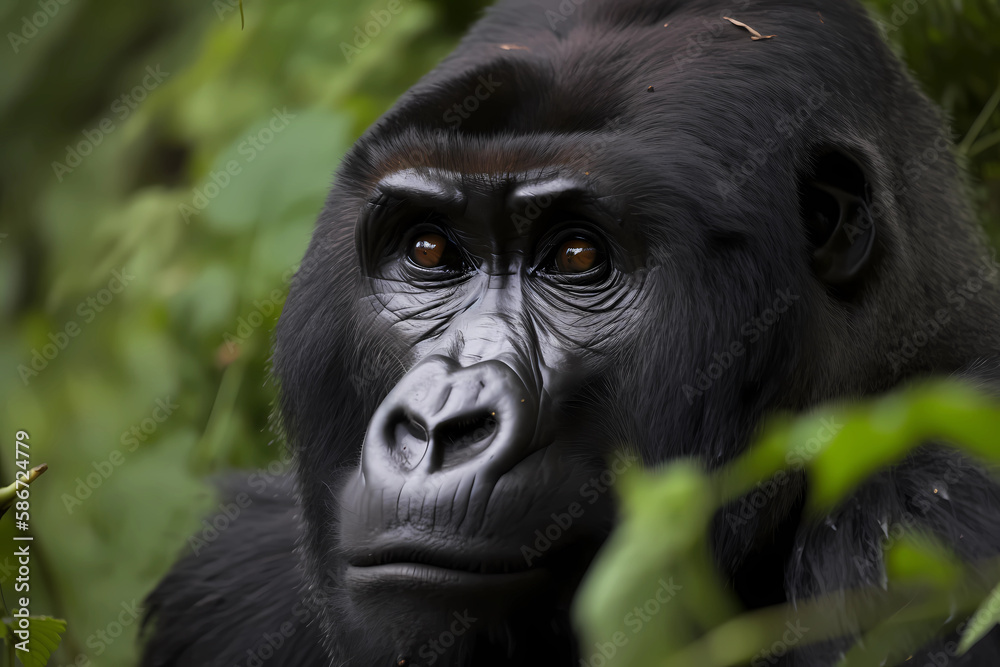 Obraz premium Mountain Gorilla - Central Africa - One of the two subspecies of eastern gorilla, known for their thick fur and gentle demeanor. They are critically endangered due to habitat loss (Generative AI)