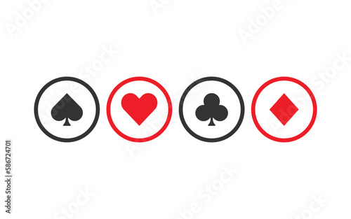 Four of a kind playing cards suits icons. Black and red poker cards icons in a circle. Spade, heart, club and diamond icons isolated on white background. Gamble games vector illustration.