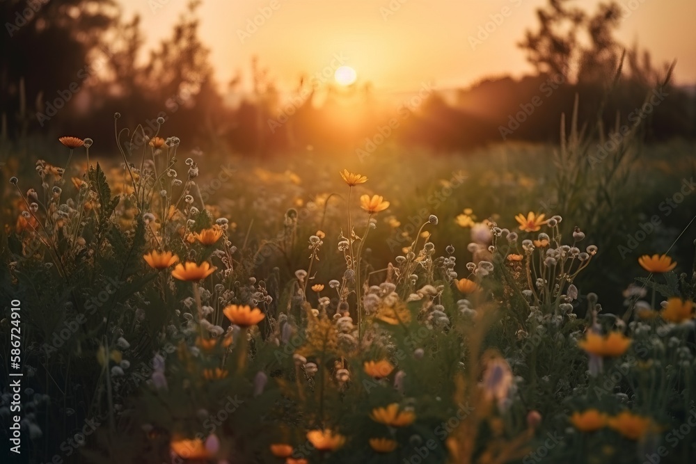  a field full of yellow flowers with the sun setting in the distance behind it and trees in the background with a few clouds in the sky.  generative ai