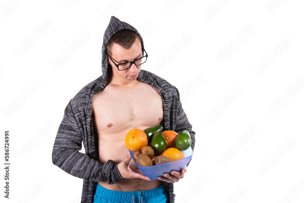 Sports and diet. Attractive man and healthy lifestyle. White background. Sports and diet. Attractive man and healthy lifestyle. White background.