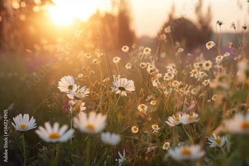  a field full of white daisies with the sun setting in the distance in the distance in the distance is a field of grass and trees. generative ai