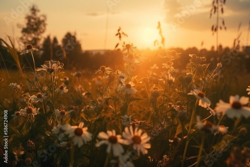  a field of daisies with the sun setting in the distance in the distance is a field of tall grass with white daisies in the foreground.  generative ai