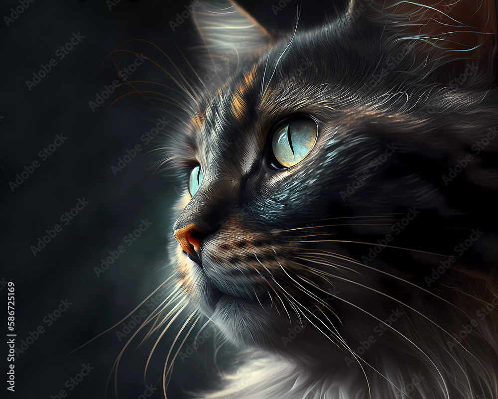 Portrait of a cat on a dark background. The cat is longhaired. Generative AI.