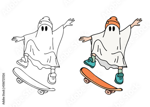 Set of ghost character on skateboard vector halloween