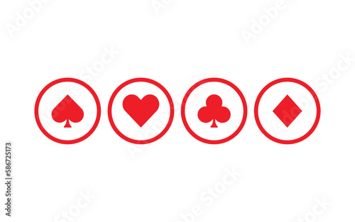 Four of a kind playing cards suits icons. Red poker cards icons in a circle. Heart, club, diamond and spade icons isolated on white background. Gamble games vector illustration.