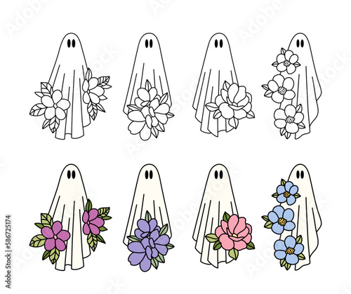 Set of silhouettes ghosts with flowers. Collection of mystical evil Halloween spirits. Stylized souls. Vector illustration of magical creatures.