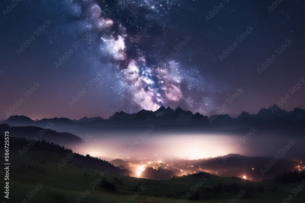  a night scene with the milky and stars above a mountain range with a valley and valley in the foreground, and a distant mountain range in the distance.  generative ai