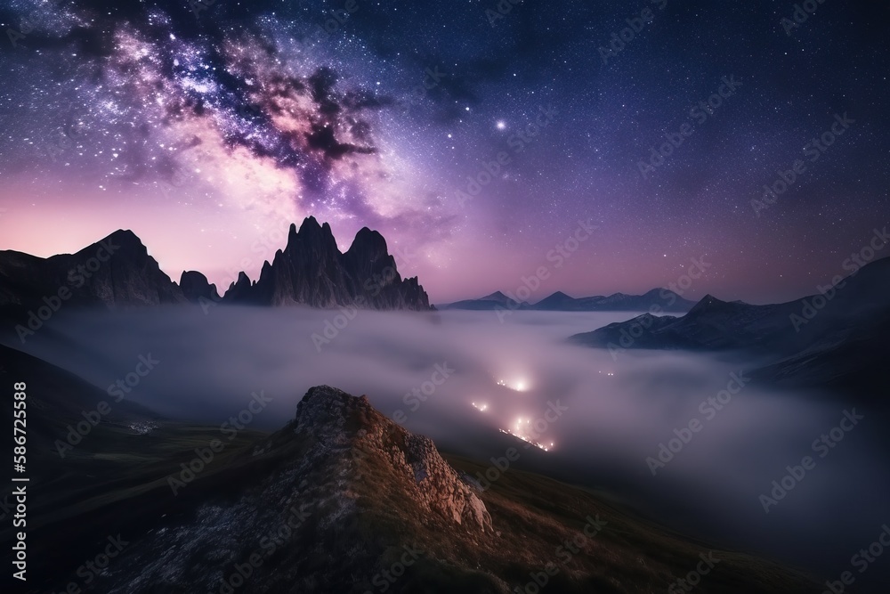  a night scene with a mountain range and the milky in the distance, with a few cars driving through the fog and low lying clouds in the foreground.  generative ai