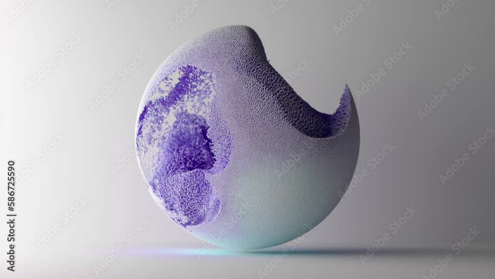 3d render abstract art video animation with flying surreal ball or sphere based on motion small plastic dust particles in splash as water wave in white purple and blue mix color on grey background