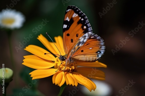  a close up of a butterfly on a yellow flower with a blurry back ground behind it and a blurry back ground behind it. generative ai