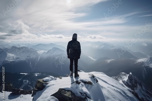  a man standing on top of a snow covered mountain with a sky background and clouds in the sky above him is a man standing on top of a snow covered mountain.  generative ai © Nadia