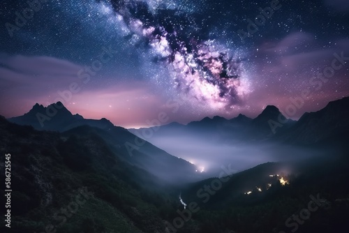  a night sky with a star filled sky above a mountain range with a river below it and the milky in the distance with a few clouds.  generative ai © Nadia