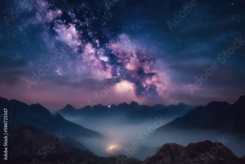  the night sky is filled with stars and a lot of clouds and a mountain range is seen in the foreground with a bright light in the foreground.  generative ai © Nadia
